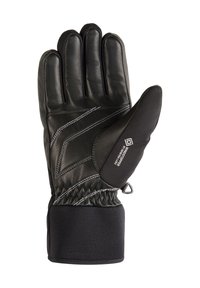 Zwarte leren handschoen met een gestikt ontwerp, elastische polsmanchet en zwarte Windstopper duimdetail voor windbestendigheid en warmte.