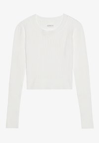 Crop top blanc à manches longues, en maille côtelée, avec un col rond et une coupe ajustée. Texture lisse avec un léger éclat. Pas de matériel ou de détails visibles.