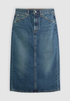 Jupe en jean bleu foncé avec une silhouette droite, dotée d'une fermeture à bouton sur le devant, de cinq poches et d'accents de surpiqûre contrastants.