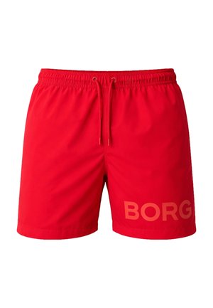 Red men's swim shorts with elastic waistband and drawstring, featuring "BORG" text in large letters on the left leg.