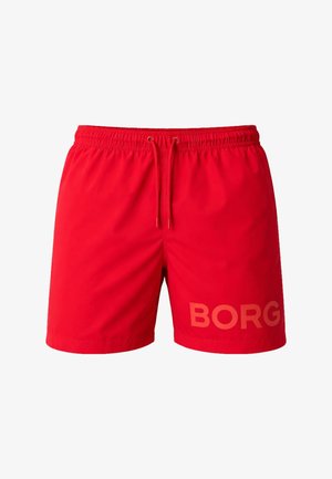 Piros férfi fürdőnadrág elasztikus derékpánttal és húzózsinórral, bal lábszáron nagy betűkkel "BORG" felirattal.