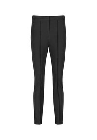 Svarta leggings med en mjuk tyg, hög midja och vertikal söm detaljer längs framsidan för ökad struktur.