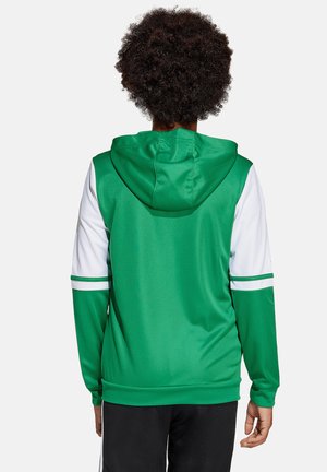 Persona con capelli ricci che indossa una giacca con cappuccio verde e bianca vista da dietro, in piedi davanti a uno sfondo neutro.