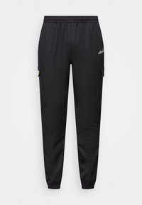 Černé tepláky z měkké látky, s elastickým pasem, zúženými manžetami a cargo kapsami s kontrastním logem značky.