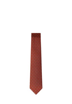 Rust-colored necktie with a pattern of small, evenly spaced white and blue flowers on a plain background.