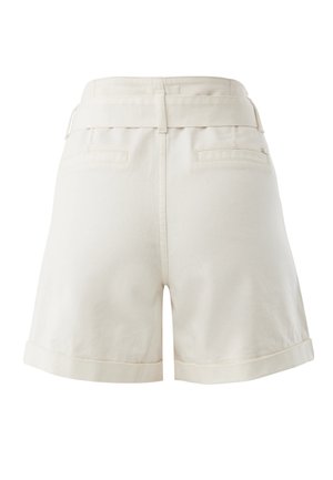 Eierschalenfarbene Shorts mit hohem Bund, aufgekrempelten Säumen, Paspeltaschen auf der Rückseite und einem breiten Bund mit Gürtelschlaufen.