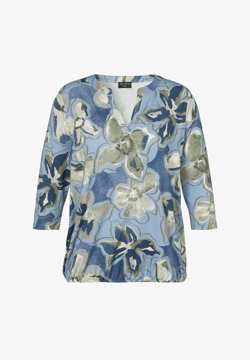 Hellblaue Langarmbluse mit V-Ausschnitt und großen abstrakten Blumenmustern in Marine, Grau und Weiß. Am Saum unten mit Gummizug.