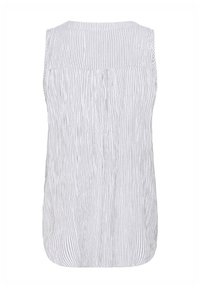 Blouse blanche sans manches avec fines rayures noires verticales, ourlet arrondi et pli dans le dos.