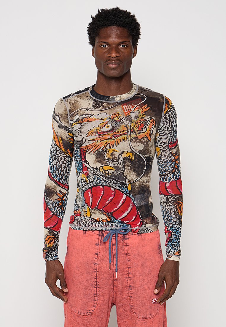 Langärmliges Shirt mit einem mehrfarbigen Dragon- und Ozean-Motiv. Hat einen Rundhalsausschnitt und ein tailliertes Design, gefertigt aus leichtem, elastischem Material.