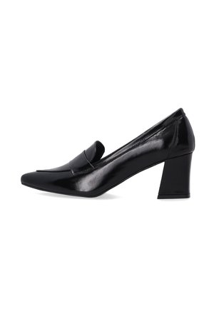 Black patent leather high heel shoe with a pointed toe, low-cut vamp, and a chunky block heel. Features a decorative strap across the front.
