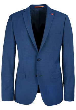 Blaues Sakko aus strukturiertem Stoff, einreihiges Design mit zwei Knöpfen, Reverskragen und einer Brusttasche. Innen mit einem dunklen Futter ausgestattet.