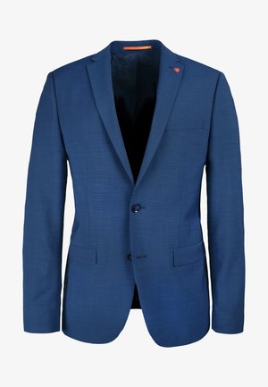 Blaues Sakko aus strukturiertem Stoff, einreihiges Design mit zwei Knöpfen, Reverskragen und einer Brusttasche. Innen mit einem dunklen Futter ausgestattet.