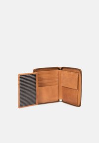 Brown leather wallet with a zip closure, featuring multiple card slots, a divided pocket, and a striped fabric accent on one side.
