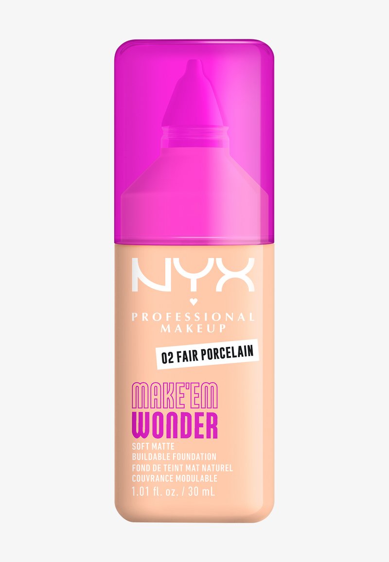 NYX Professional Makeup foundation in fair porcelain, soft matte finish, cylindrical beige bottle with a bright pink cap and prominent label details.