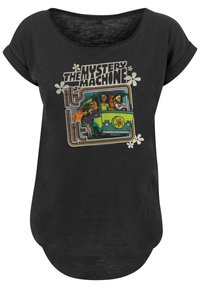Juoda marškinė su spalvinga „Mystery Machine“ grafika ir veikėjais iš laidos, su suktomis rankovėmis ir apvaliu apačiu.