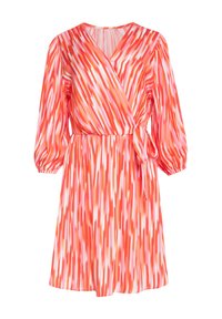Wikkeljurk in levendig rood, roze en witte verticale strepen; heeft een V-hals, lange mouwen en een gestrikt taille voor een getailleerd silhouet.