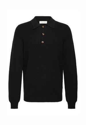 Pull-over noir en maille avec un col polo classique, une patte à trois boutons et des poignets côtelés. Texture douce avec une coupe décontractée.
