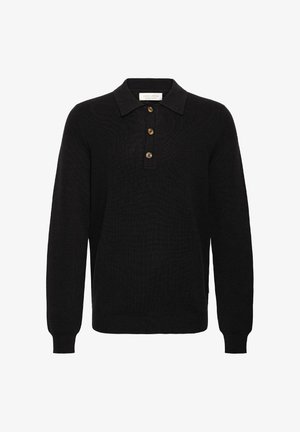 Mustast kudumist pullover klassikalise polo kraega, kolme nupuga patiga ja soonikkoes mansettidega. Pehme tekstuur ja lõdvestunud istuvus.