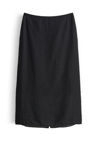 Jupe noire mi-longue jusqu'aux genoux en tissu léger à texture lisse, présentant un design simple et droit avec une ceinture élastique.