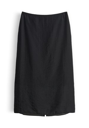 Schwarzer knielanger Rock aus leichtem Stoff mit glatter Textur, mit einfachem, geradem Schnitt und elastischem Bund.