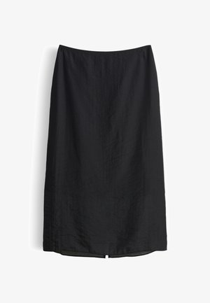Schwarzer knielanger Rock aus leichtem Stoff mit glatter Textur, mit einfachem, geradem Schnitt und elastischem Bund.