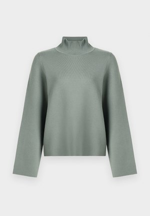 Pull à col roulé vert, à côtes, à manches longues, au design court, fabriqué en tissu tricoté doux avec une texture lisse. Pas de motifs ni d'accents visibles.