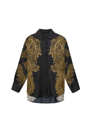 Camisa de satin preta com intrincados bordados em ouro em padrão paisley, colarinho clássico, mangas longas e um corte relaxado com fendas na barra lateral.