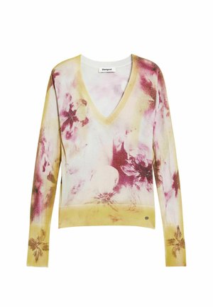 Pull col en V en tissu doux avec un motif floral aux nuances de jaune, rose et blanc. Manches longues et bordures côtelées aux poignets et à l'ourlet.