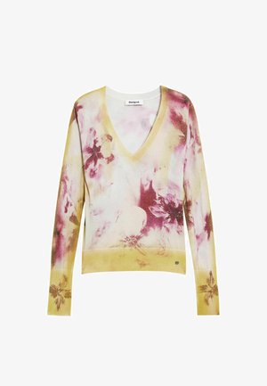 Suéter de cuello en V en tela suave con un patrón floral en tonos amarillos, rosas y blancos. Mangas largas y detalles acanalados en los puños y el dobladillo.