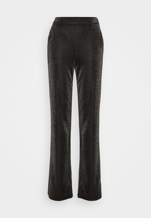 Pantalon évasé noir en tissu texturé et pailleté. Doté d'une taille ajustée et de poches latérales, il présente une silhouette lisse jusqu'à l'ourlet.