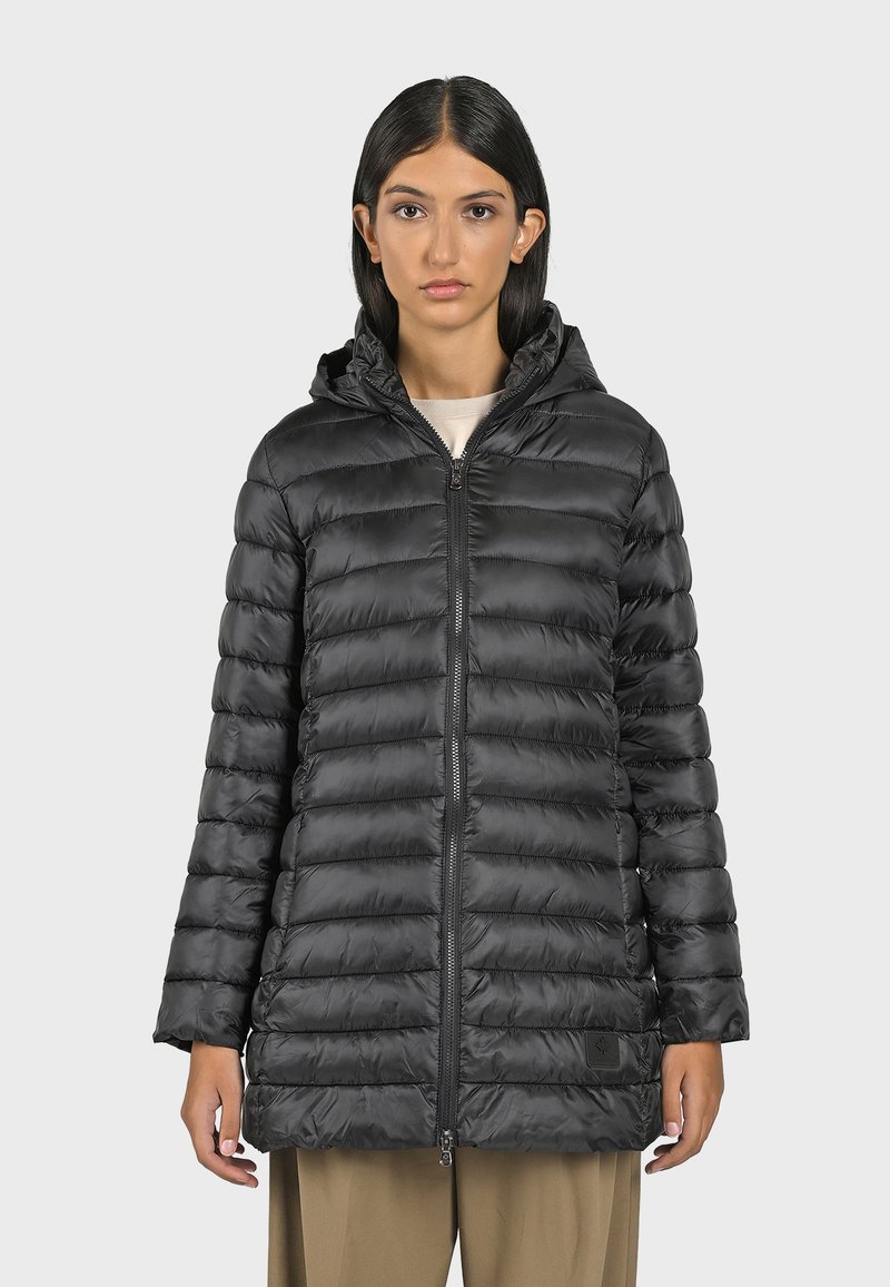 Black puffer jacket with a hood, featuring a zip front, quilted design, and a slightly shiny finish. It has long sleeves and side pockets.