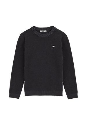 Dunkelgrauer Pullover mit strukturiertem, geripptem Strickmuster, Rundhalsausschnitt und kleinem gestickten Logo auf der linken Brust. Lange Ärmel.