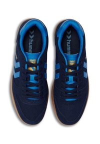 Blue and navy suede sneakers with a gum sole, featuring a textile lining, contrasting blue stripes, and logo accents.