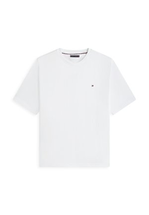 Valge lühikeste varrukatega ümara kaelusega T-särk, millel vasakul rinnal väike punase, valge ja sinise Tommy Hilfigeri logo.