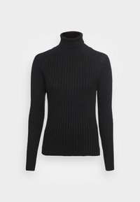 Schwarzer, gerippter Rollkragenpullover mit langen Ärmeln, der eine taillierte Passform und ein strukturiertes Gewebe aufweist. Glatte Oberfläche mit leichtem Elasthananteil.