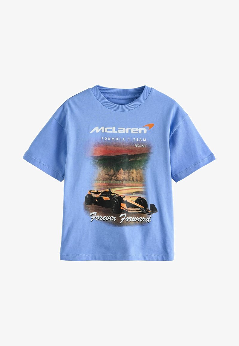 Light blue T-shirt with McLaren Formula 1 Team logo, an orange and black race car, and the text "Forever Forward" on the front.