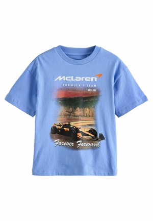 Jasnoniebieska koszulka z bawełny z grafiką przedstawiającą samochód Formuły 1 oraz napisem "McLaren Formula 1 Team MCL38 Forever Forward."