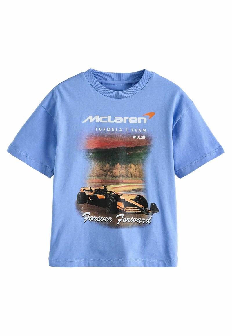 Světlomodré bavlněné tričko s grafickým potiskem formule 1 a textem "McLaren Formula 1 Team MCL38 Navždy vpřed."