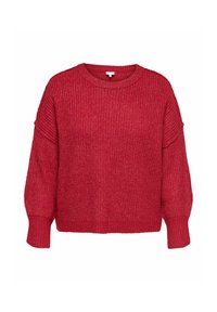 Maglione rosso lavorato a maglia con vestibilità ampia, scollo rotondo, spalle scese e polsini a coste. Tessuto_TEXTURED con una finitura leggermente lucida.