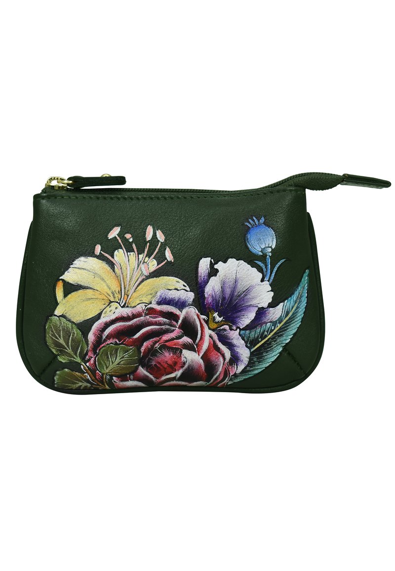 Grünes Lederetui mit einem Reißverschluss. Mit bunten Blumenmustern, einschließlich Rosen, Lilien und Stiefmütterchen, auf einem strukturierten Hintergrund.