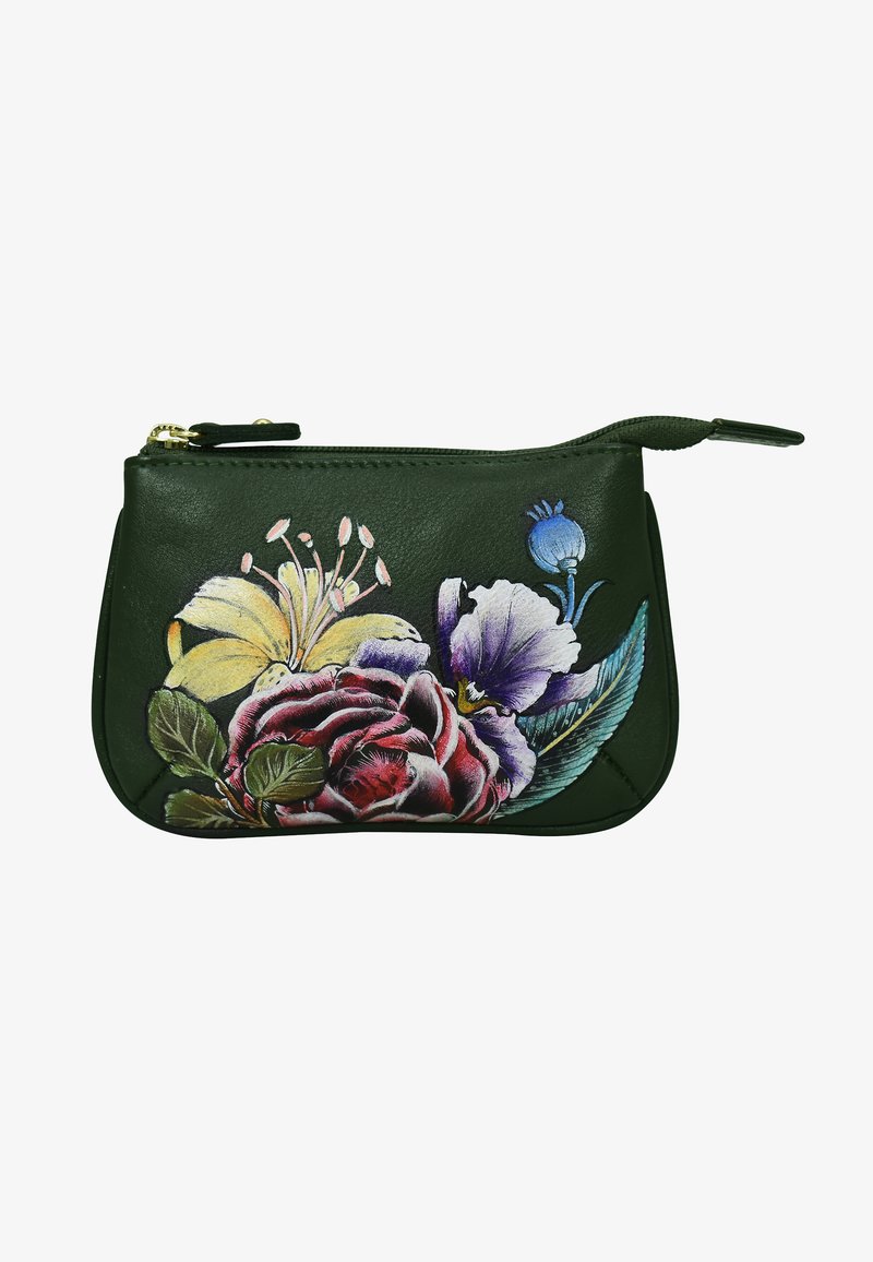 Grünes Lederetui mit einem Reißverschluss. Mit bunten Blumenmustern, einschließlich Rosen, Lilien und Stiefmütterchen, auf einem strukturierten Hintergrund.