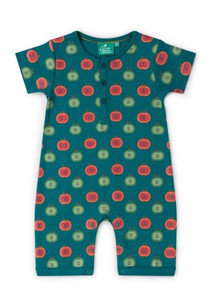 Kurzärmliger Baby-Strampler in Blaugrün mit roten und grünen Apfelmustern, Knöpfen vorne und Druckknopfverschlüssen an den Beinen.