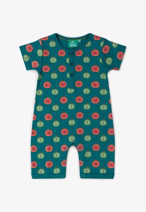 Kurzärmliger Baby-Strampler in Blaugrün mit roten und grünen Apfelmustern, Knöpfen vorne und Druckknopfverschlüssen an den Beinen.