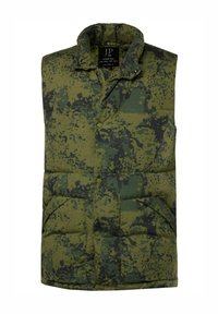 Gilet puffer mimetico in tonalità di verde e nero, con colletto alto, bottoni a pressione e due tasche frontali.