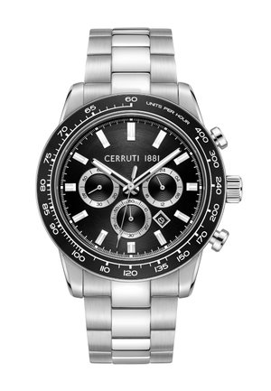 CERRUTI 1881 herre chronograf ur med sort urskive, sølvfarvet rustfrit stålarmbånd, tre sub-dial og datovindue ved klokken 6.