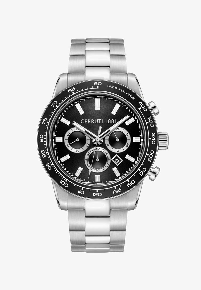 CERRUTI 1881 vīriešu hronogrāfiskais pulkstenis ar melnu ciparnīcu, sudraba nerūsējošā tērauda siksniņu, trim subciparnīcām un datuma logu 6 stundā.