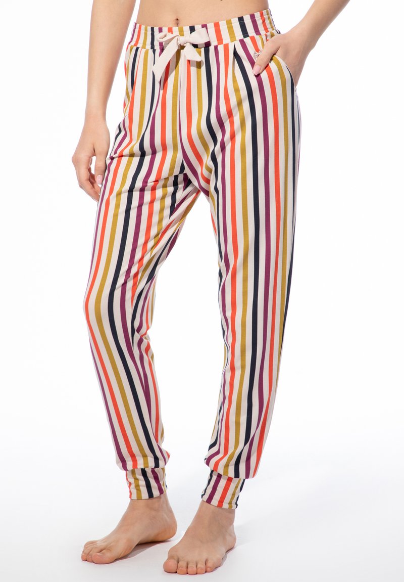 Gestreifte Loungehosen aus weichem Stoff sind mit mehrfarbigen vertikalen Streifen in Orange, Lila, Gelb und Marineblau versehen und verfügen über einen Kordelzugbund.