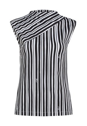 Varrukateta musta-valge triibuline topp ebakorrapärase kaelusega ja väikeste skriptikirjadega logodega esiküljel.