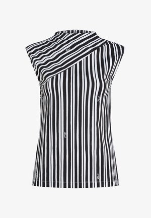 Varrukateta musta-valge triibuline topp ebakorrapärase kaelusega ja väikeste skriptikirjadega logodega esiküljel.