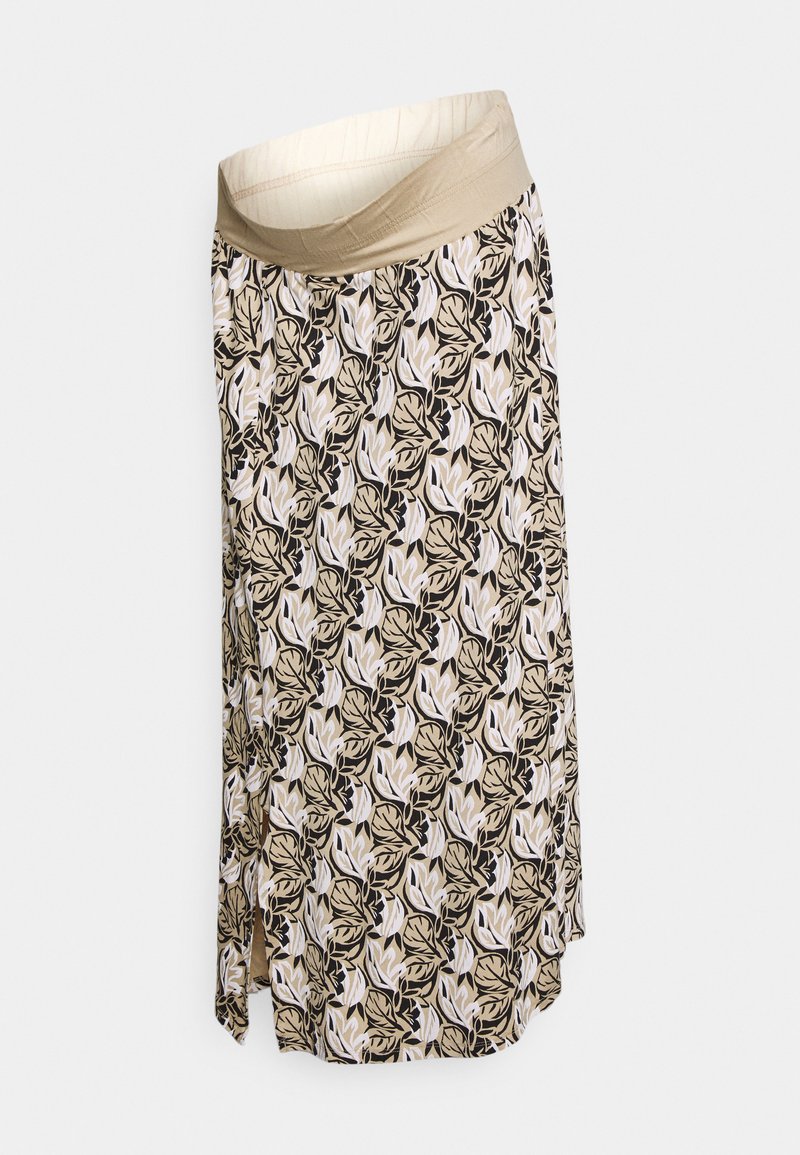 Saia com padrão floral e um cós elástico bege. Apresenta folhas pretas, brancas e cremes sobre um fundo claro, com um design esvoaçante.